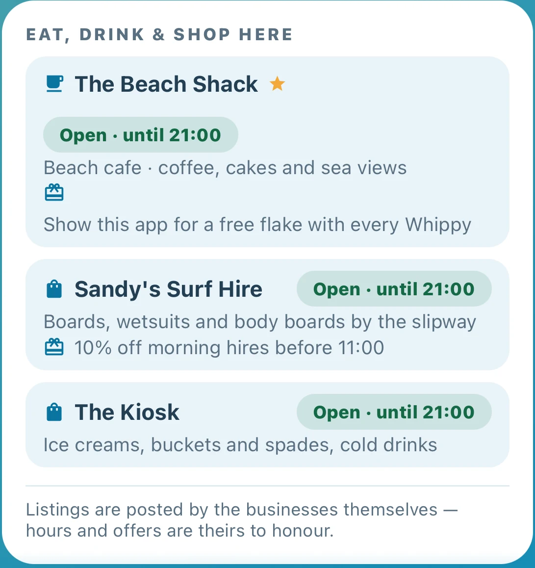 A beach page with the boosted listing first, marked with a star