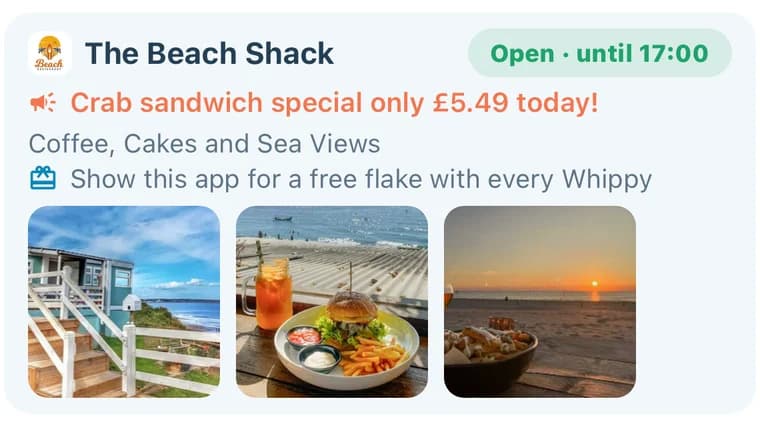 A trader's listing on a beach page — hours, today's offer and their photos