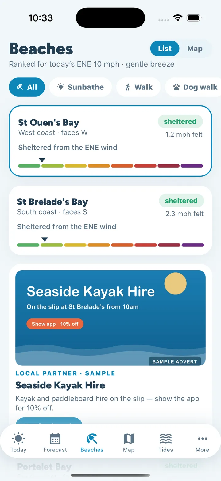 Beaches ranked by wind shelter