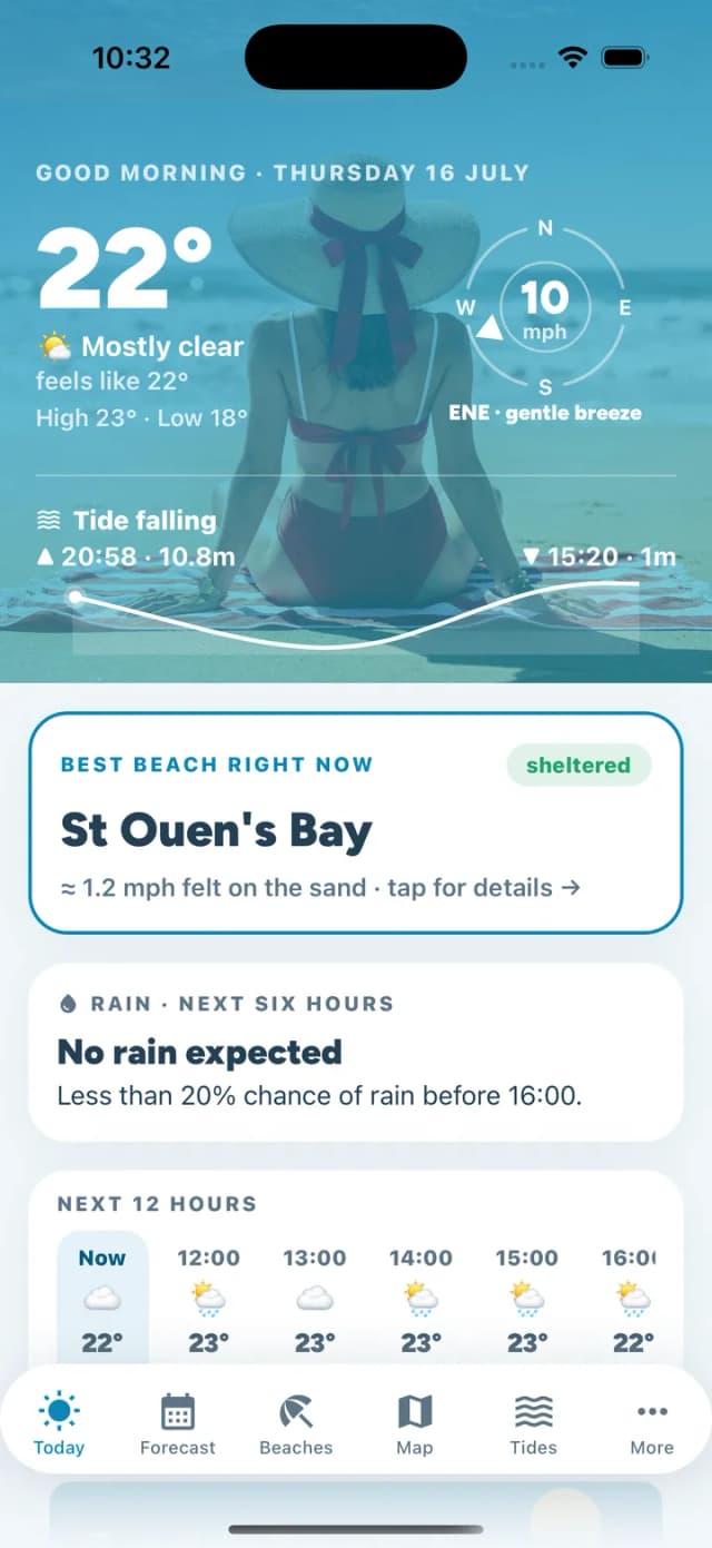 Jersey Beach App Today screen — conditions and the best beach at a glance